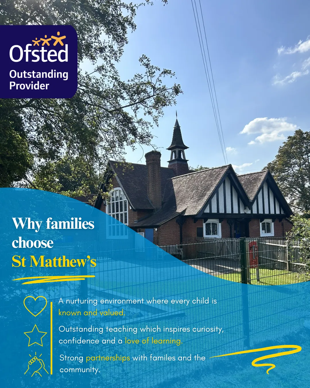 St Matthew's social post: Why families choose St Matthew's, with three reasons and the Ofsted Outstanding Provider badge.
